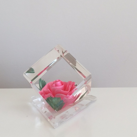 Vintage Acrylic Lucite Pink Rose Paperweight - Picture 2 of 4